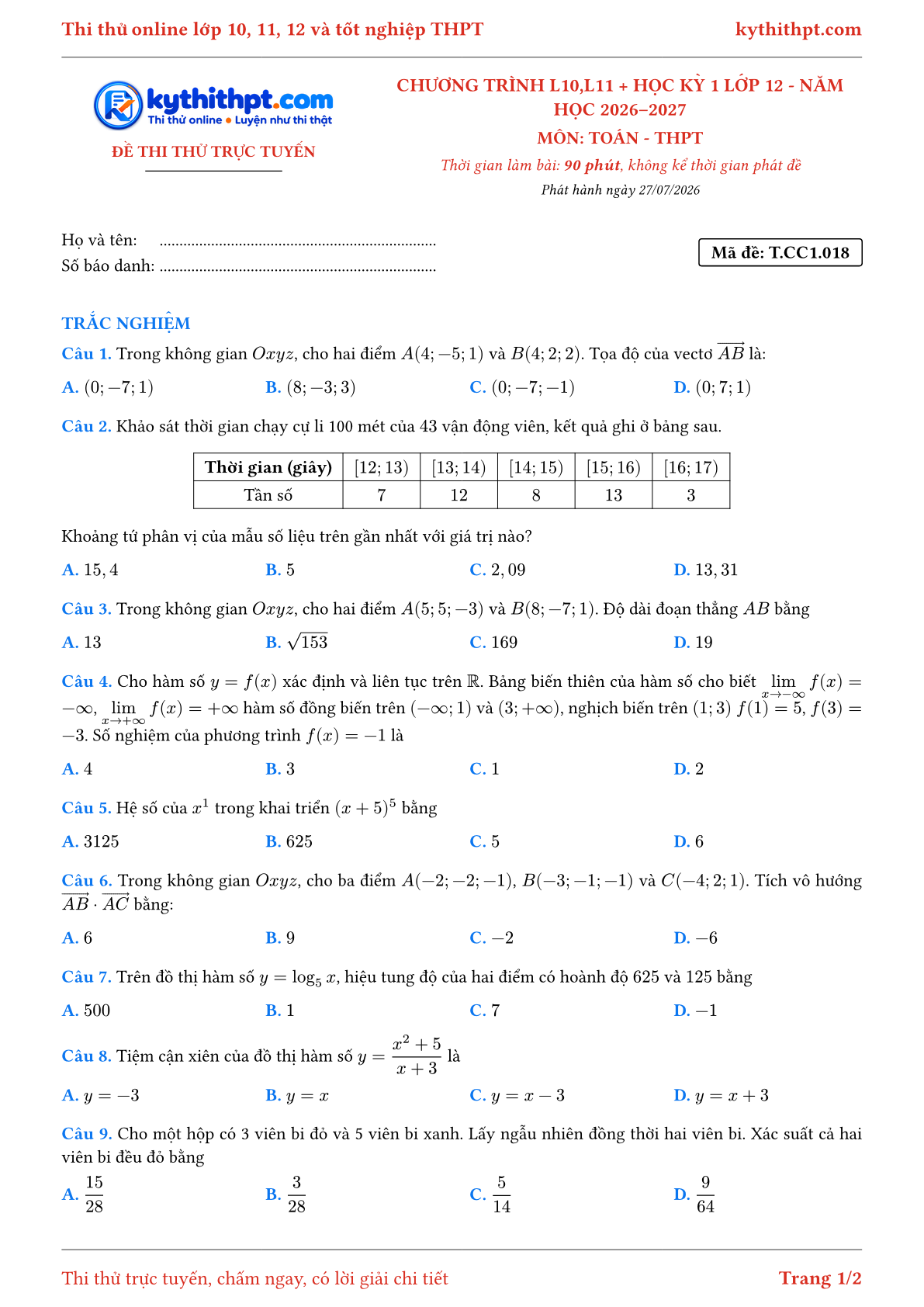 Trang đầu Đề thi thử online môn Toán theo chương trình lớp 10, 11 và học kỳ 1 lớp 12 - ôn luyện trắc nghiệm - đề 018