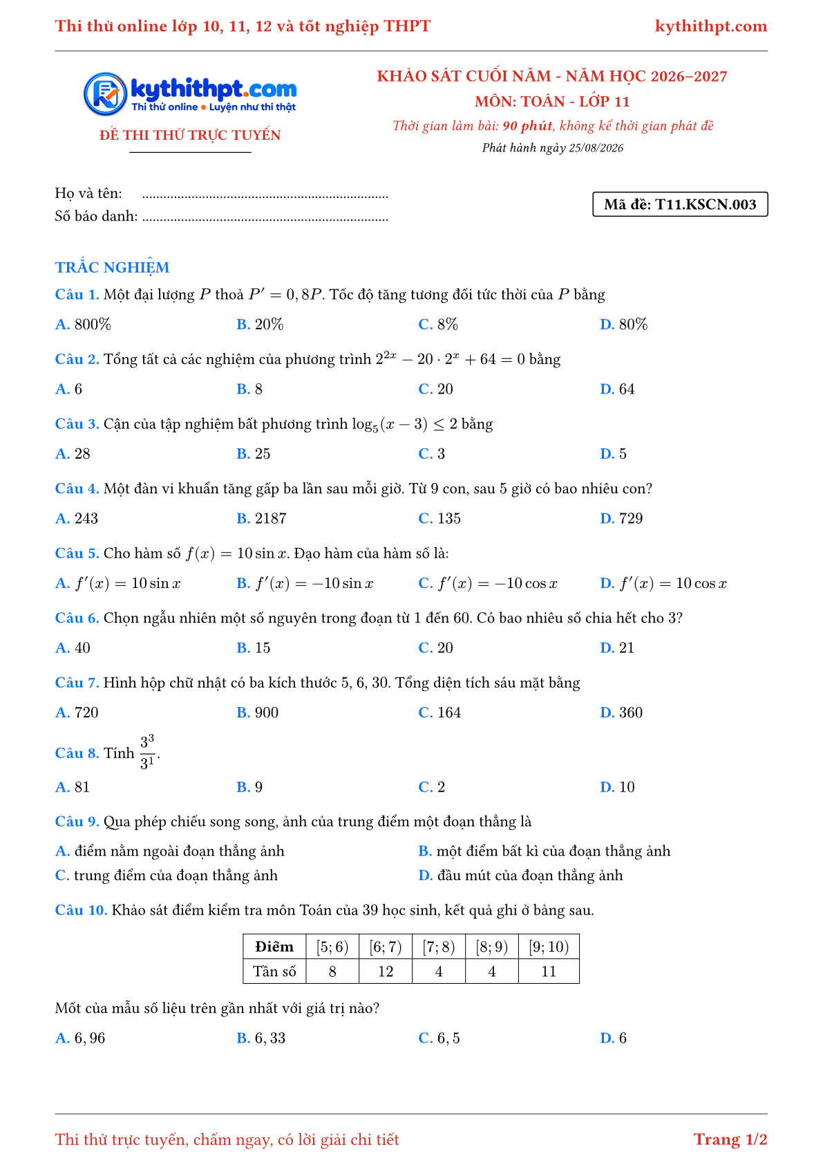 Trang đầu Đề thi thử online khảo sát cuối năm môn Toán lớp 11 - chuẩn cấu trúc tốt nghiệp - đề 003
