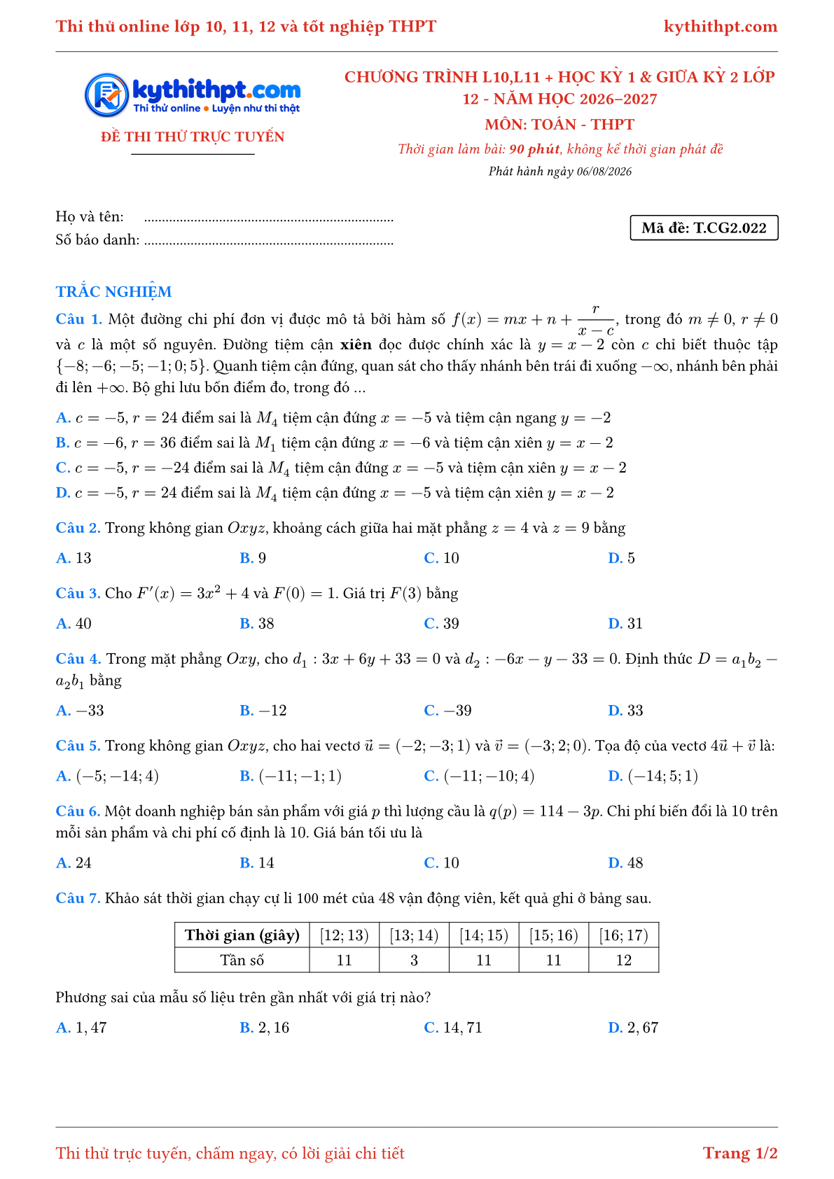 Trang đầu Đề thi thử online môn Toán theo chương trình lớp 10, 11 và học kỳ 1, giữa kỳ 2 lớp 12 - ôn luyện trắc nghiệm - đề 022