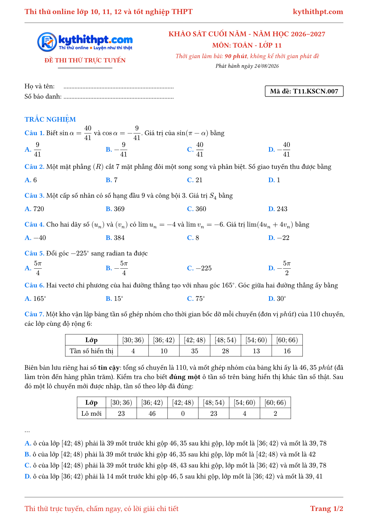 Trang đầu Đề thi thử online khảo sát cuối năm môn Toán lớp 11 - full trắc nghiệm - đề 007