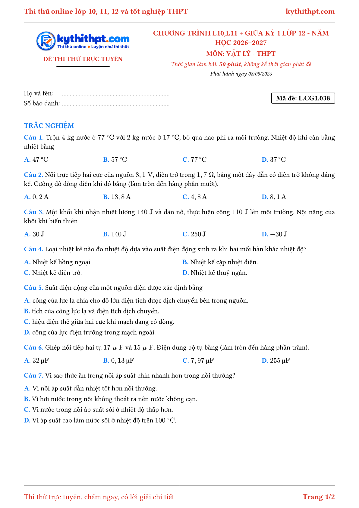 Trang đầu Đề thi thử online môn Vật lý theo chương trình lớp 10, 11 và giữa kỳ 1 lớp 12 - ôn luyện trắc nghiệm - đề 038