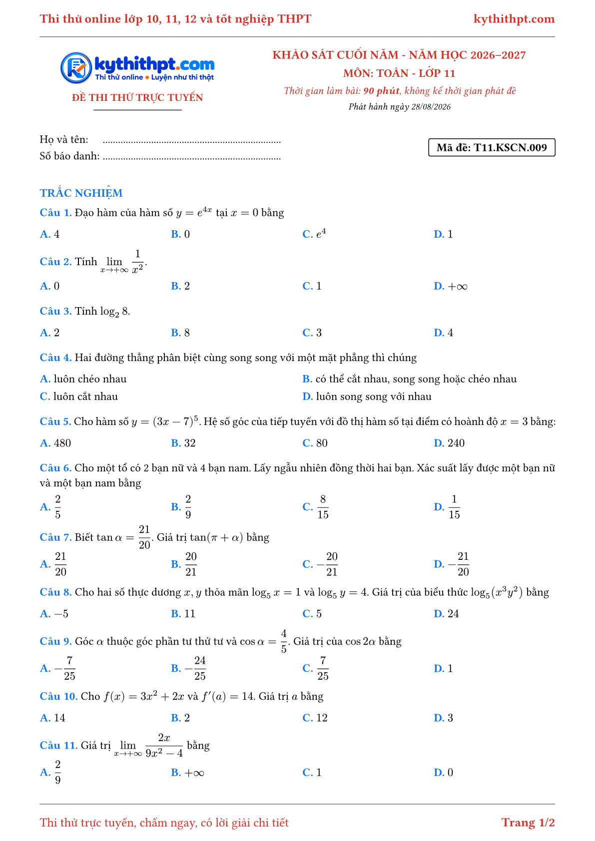 Trang đầu Đề thi thử online khảo sát cuối năm môn Toán lớp 11 - full trắc nghiệm - đề 009