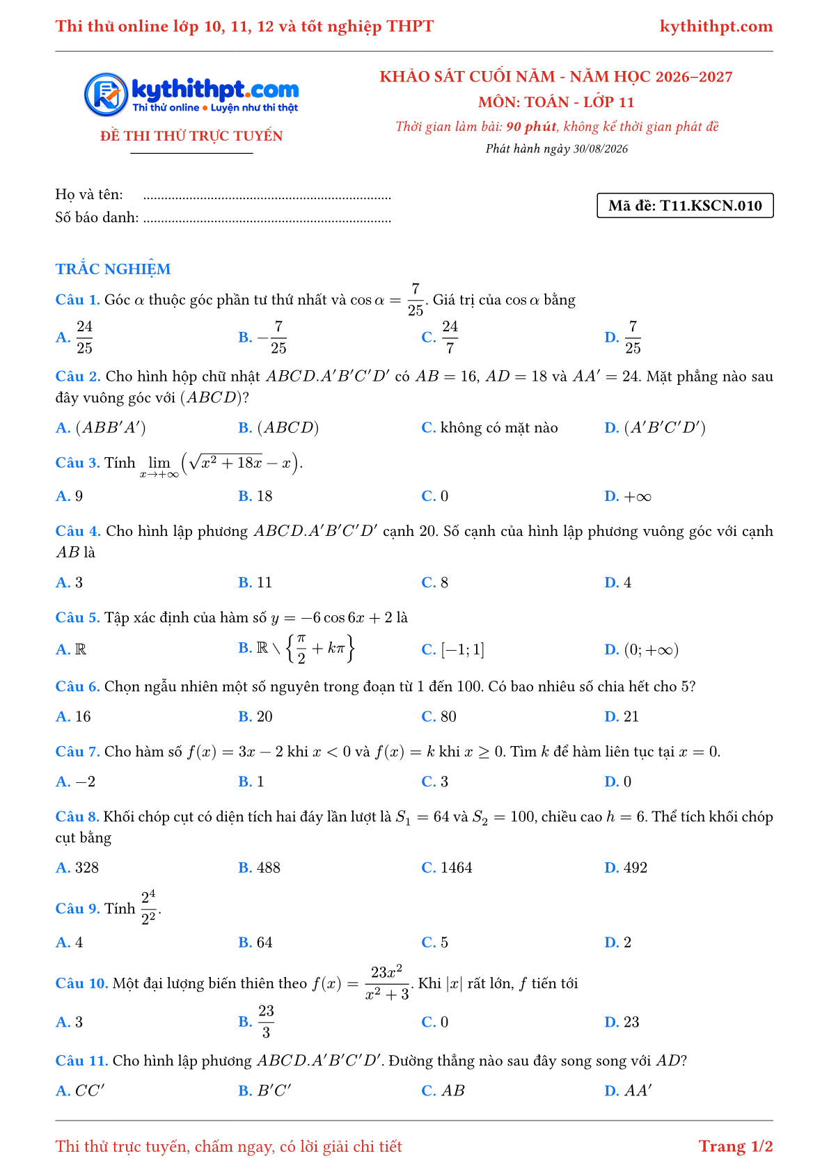 Trang đầu Đề thi thử online khảo sát cuối năm môn Toán lớp 11 - full trắc nghiệm - đề 010