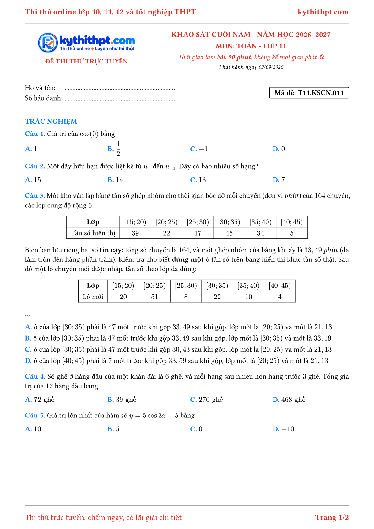 Trang đầu Đề thi thử online khảo sát cuối năm môn Toán lớp 11 - full trắc nghiệm - đề 011