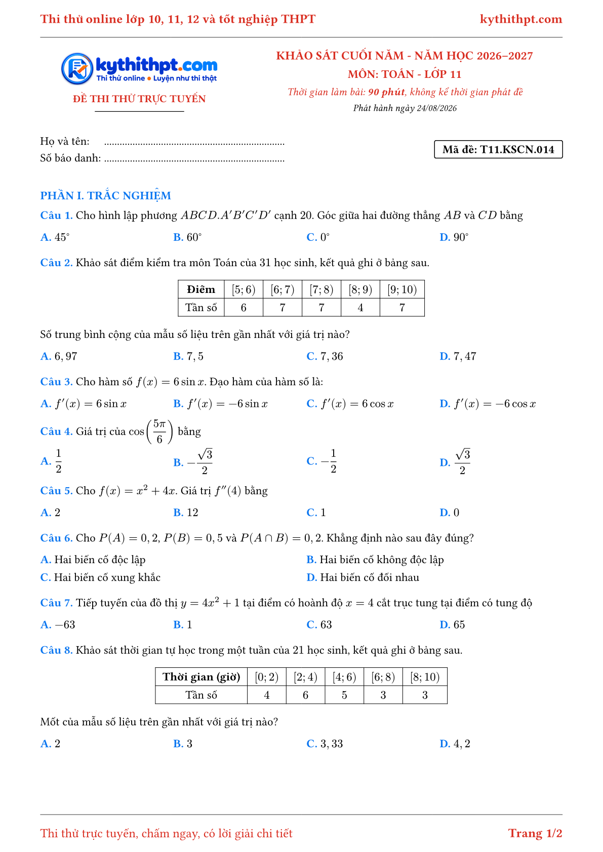 Trang đầu Đề thi thử online khảo sát cuối năm môn Toán lớp 11 - trắc nghiệm + trả lời ngắn - đề 014