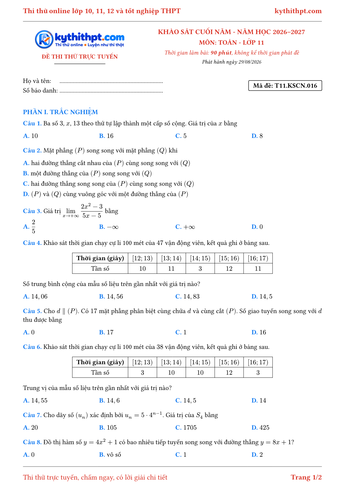 Trang đầu Đề thi thử online khảo sát cuối năm môn Toán lớp 11 - trắc nghiệm + trả lời ngắn - đề 016