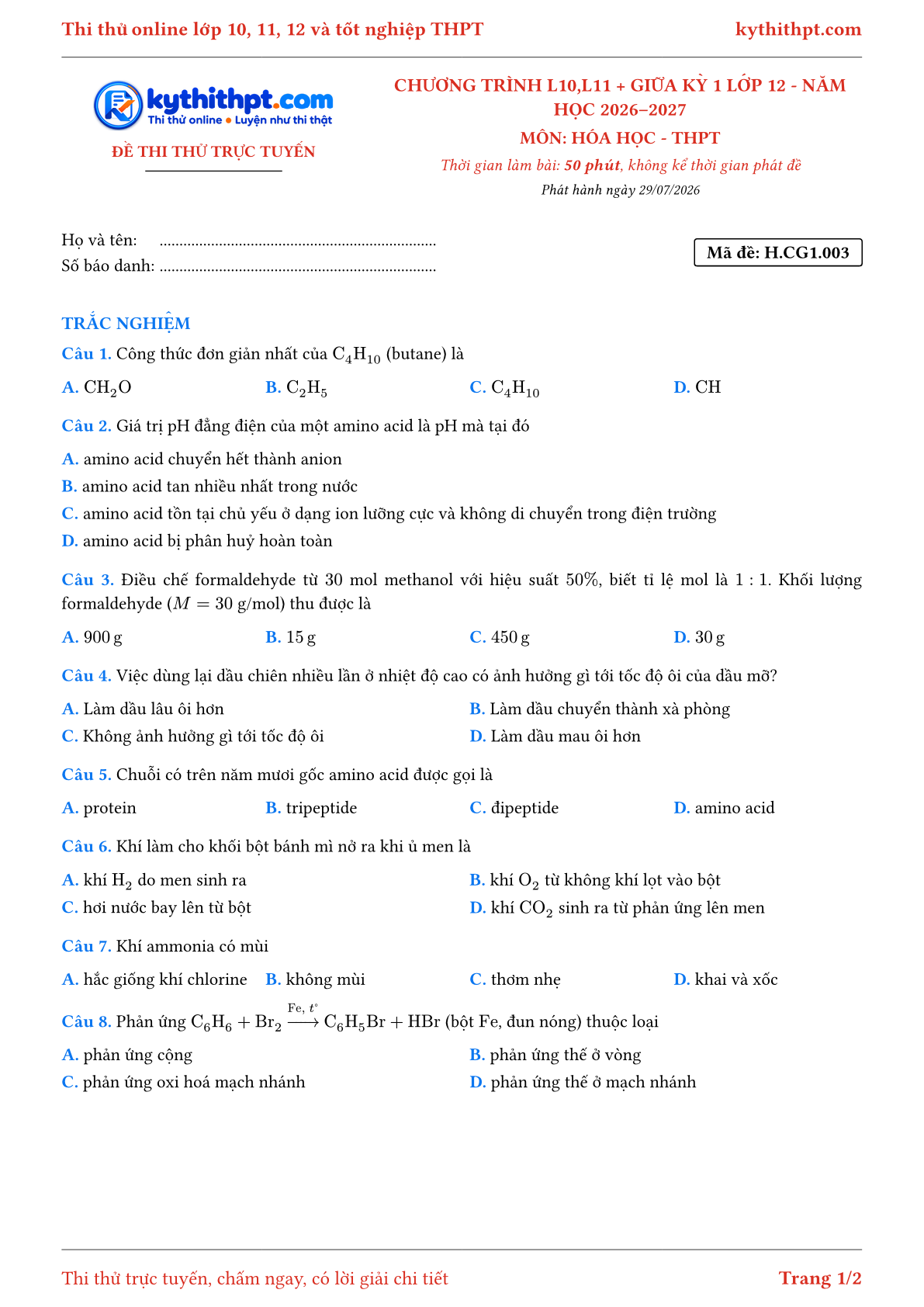 Trang đầu Đề thi thử online môn Hóa học theo chương trình lớp 10, 11 và giữa kỳ 1 lớp 12 - chuẩn cấu trúc tốt nghiệp - đề 003