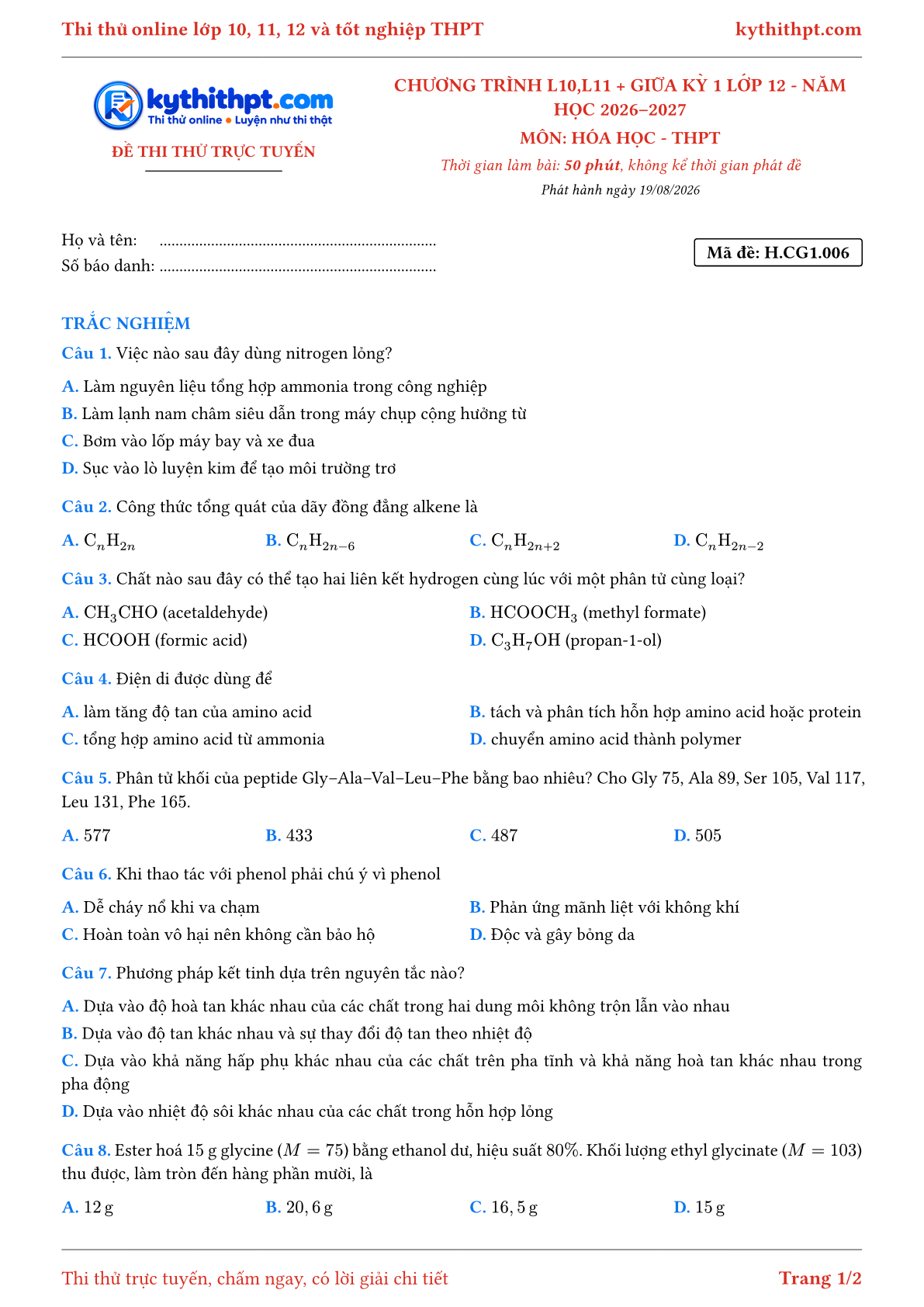 Trang đầu Đề thi thử online môn Hóa học theo chương trình lớp 10, 11 và giữa kỳ 1 lớp 12 - chuẩn cấu trúc tốt nghiệp - đề 006