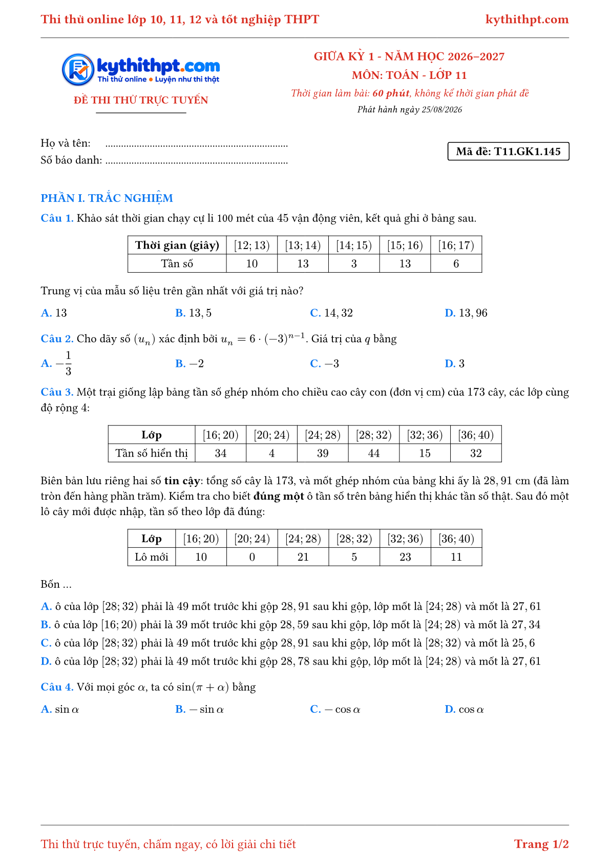 Trang đầu Đề thi thử online giữa kỳ 1 môn Toán lớp 11 - trắc nghiệm + tự luận nâng cao - đề 149