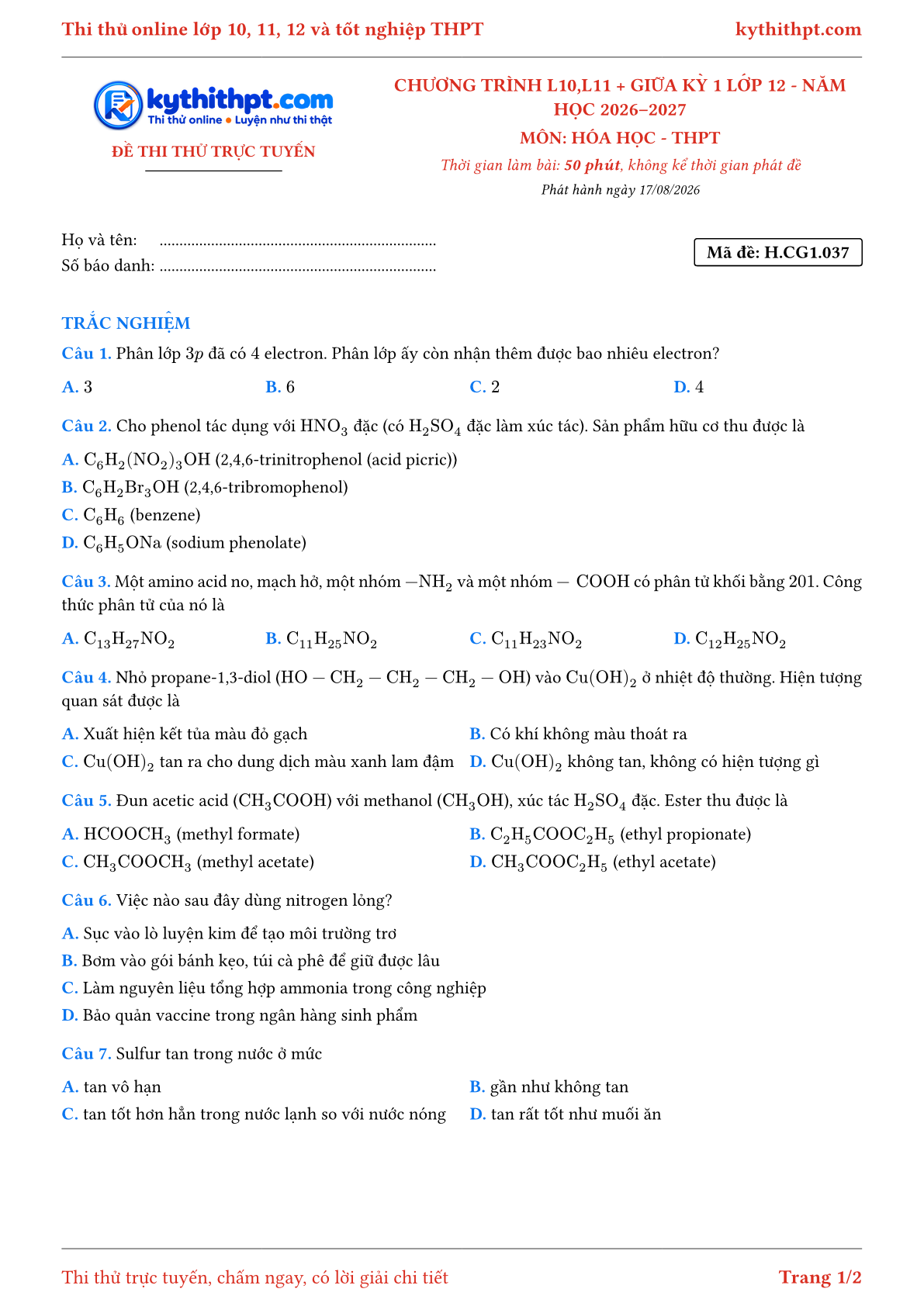 Trang đầu Đề thi thử online môn Hóa học theo chương trình lớp 10, 11 và giữa kỳ 1 lớp 12 - ôn luyện trắc nghiệm - đề 037