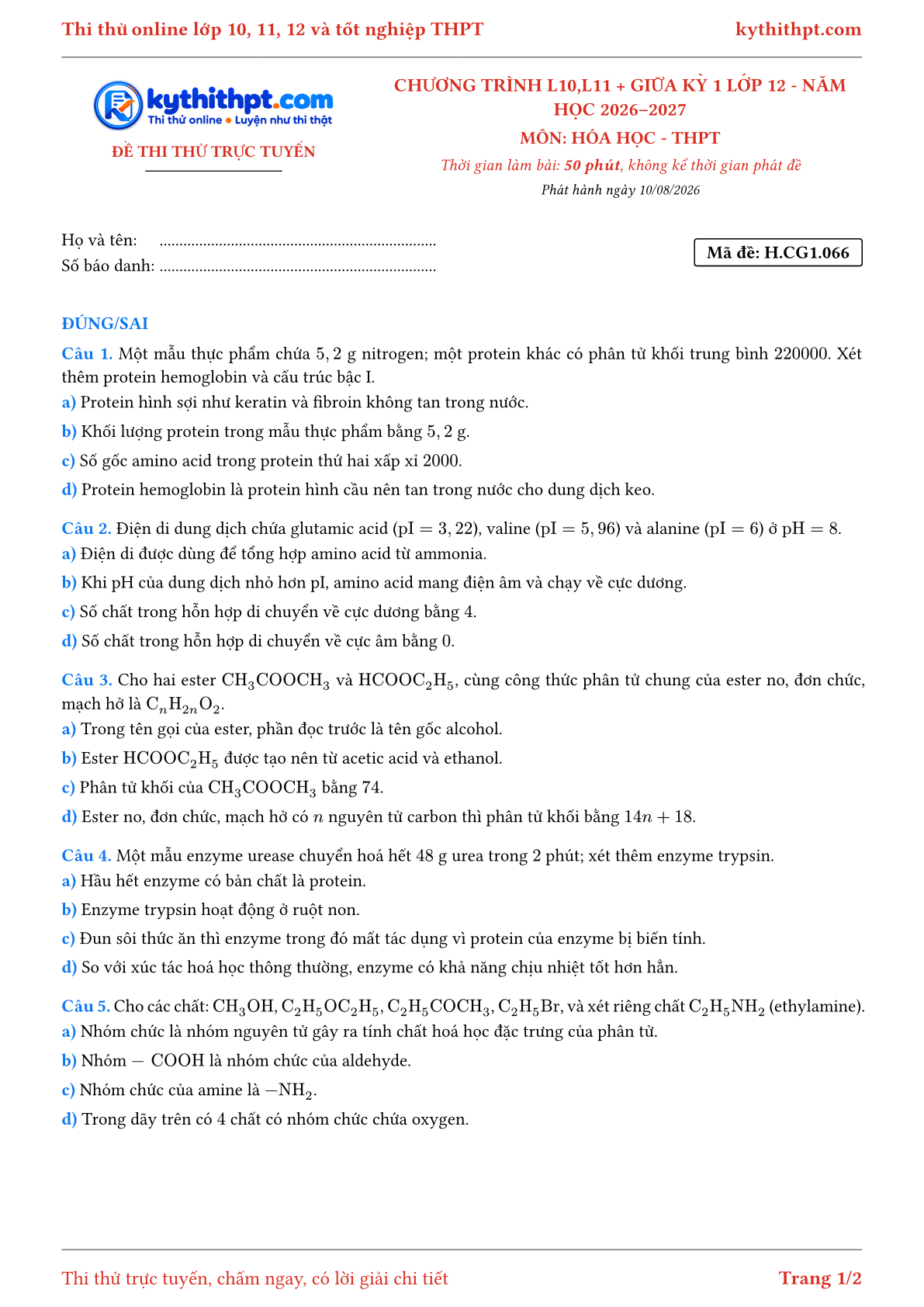 Trang đầu Đề thi thử online môn Hóa học theo chương trình lớp 10, 11 và giữa kỳ 1 lớp 12 - ôn luyện đúng/sai - đề 066