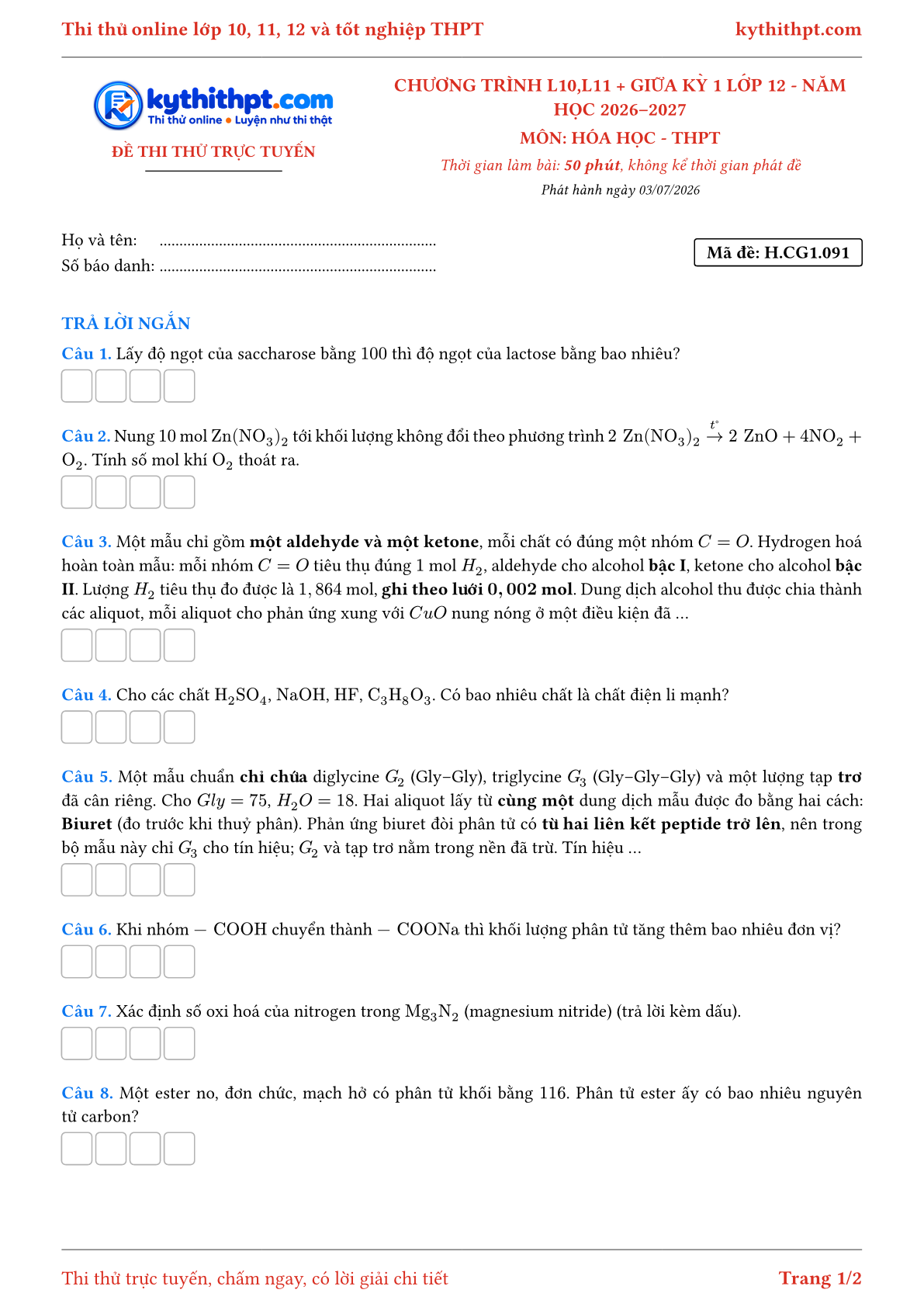 Trang đầu Đề thi thử online môn Hóa học theo chương trình lớp 10, 11 và giữa kỳ 1 lớp 12 - ôn luyện trả lời ngắn - đề 091
