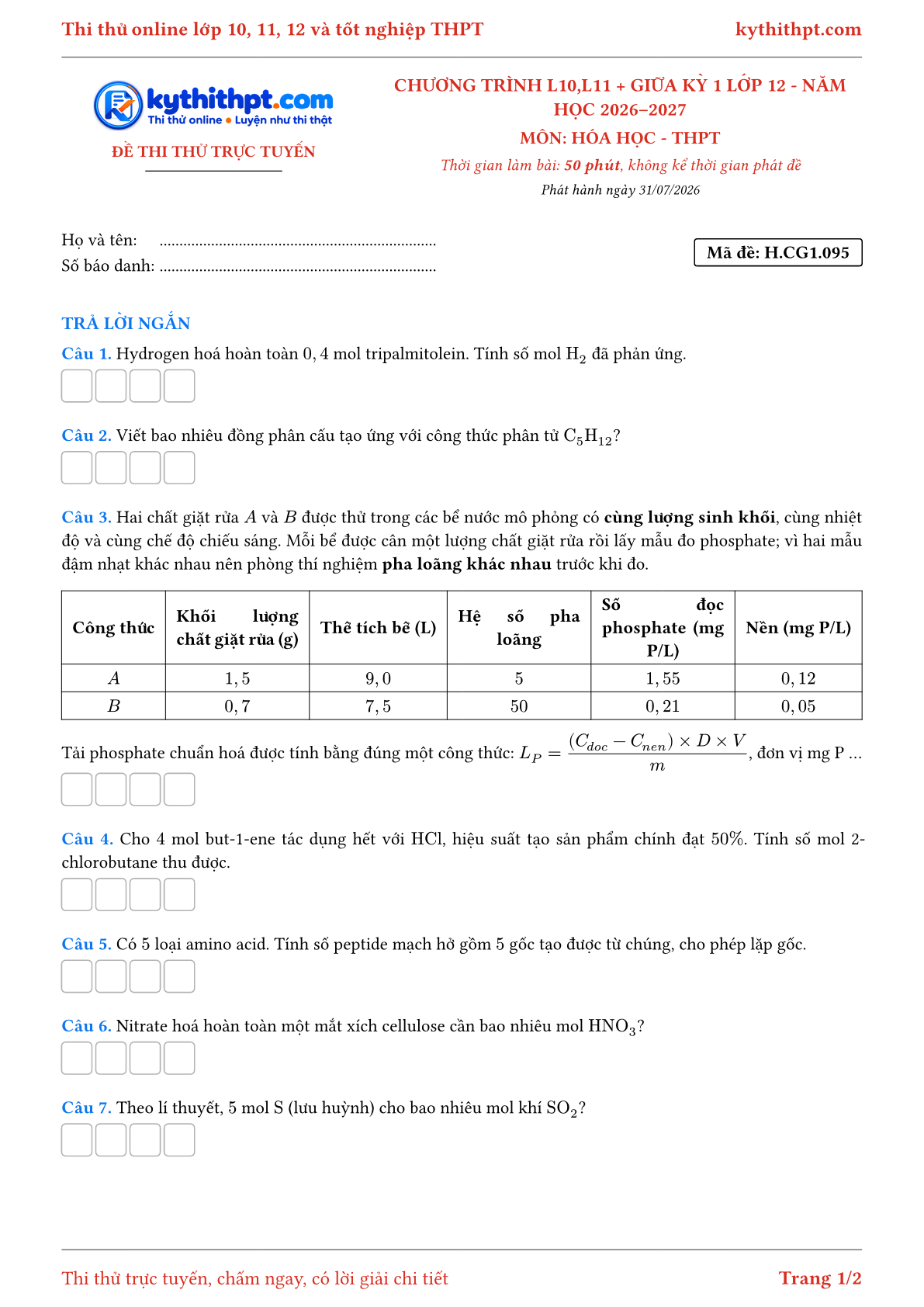 Trang đầu Đề thi thử online môn Hóa học theo chương trình lớp 10, 11 và giữa kỳ 1 lớp 12 - ôn luyện trả lời ngắn - đề 095