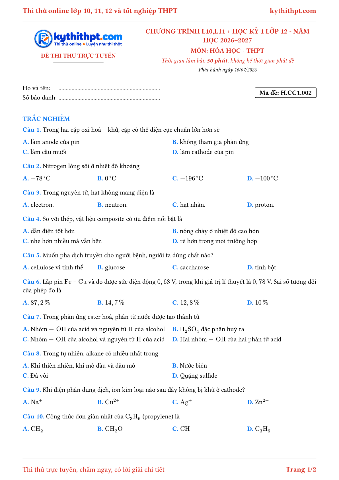 Trang đầu Đề thi thử online môn Hóa học theo chương trình lớp 10, 11 và học kỳ 1 lớp 12 - chuẩn cấu trúc tốt nghiệp - đề 002