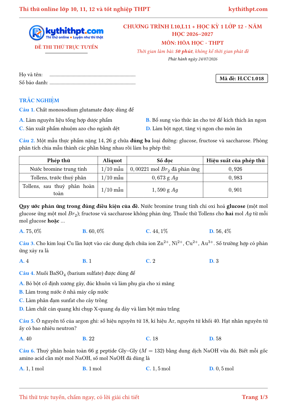 Trang đầu Đề thi thử online môn Hóa học theo chương trình lớp 10, 11 và học kỳ 1 lớp 12 - ôn luyện trắc nghiệm - đề 018