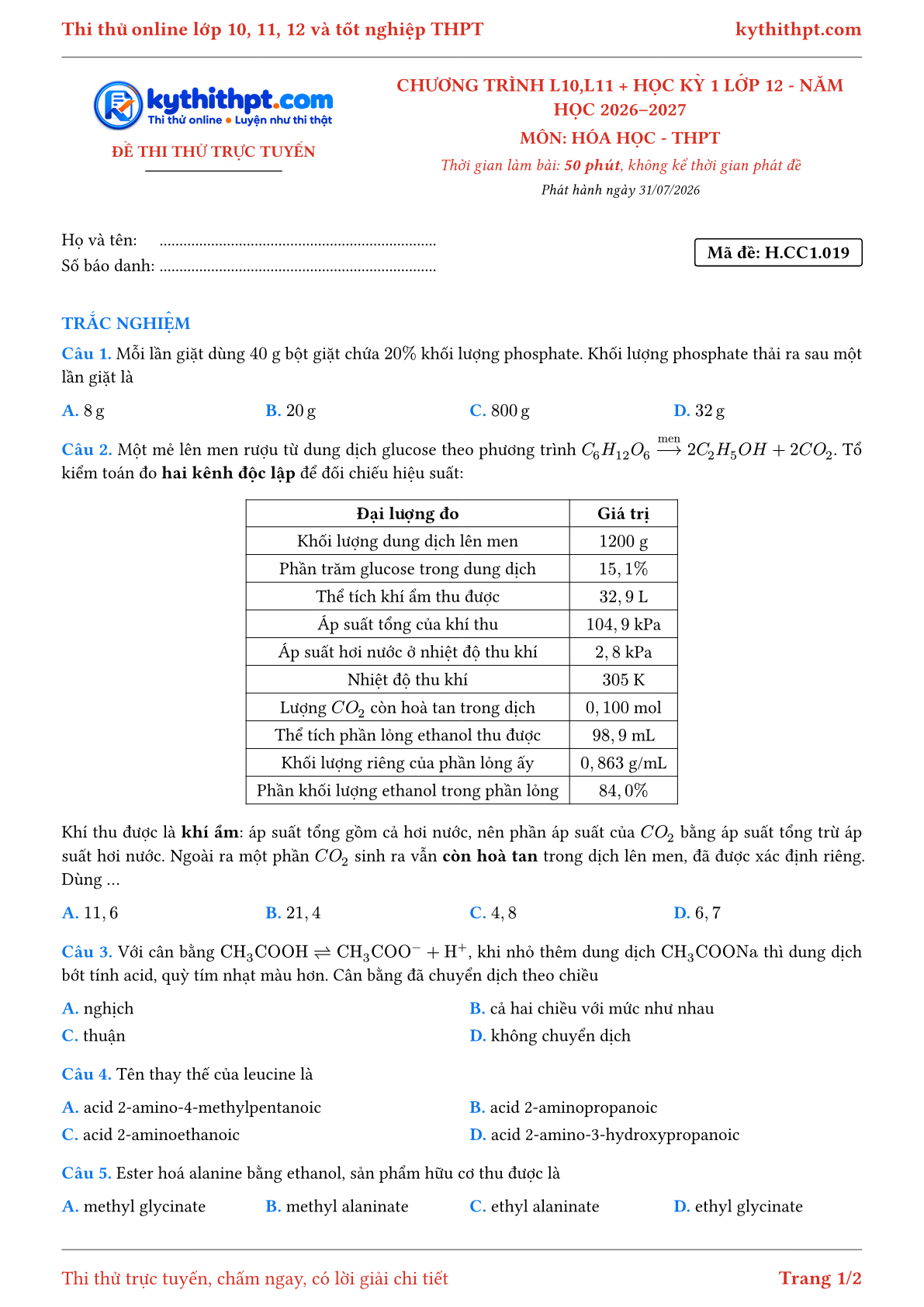 Trang đầu Đề thi thử online môn Hóa học theo chương trình lớp 10, 11 và học kỳ 1 lớp 12 - ôn luyện trắc nghiệm - đề 019