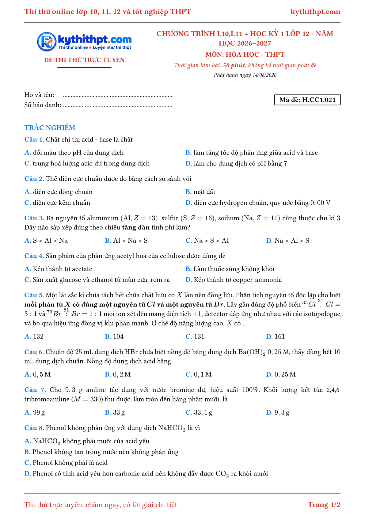 Trang đầu Đề thi thử online môn Hóa học theo chương trình lớp 10, 11 và học kỳ 1 lớp 12 - ôn luyện trắc nghiệm - đề 021
