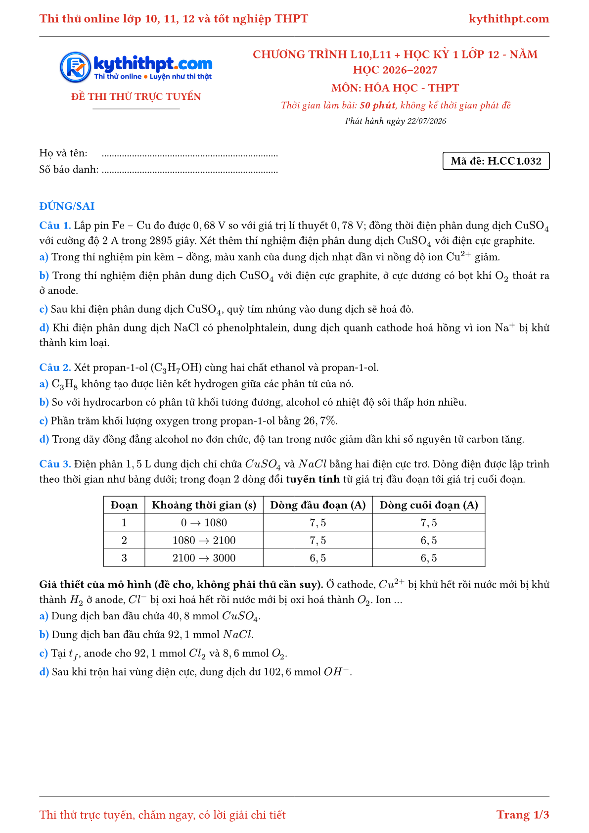 Trang đầu Đề thi thử online môn Hóa học theo chương trình lớp 10, 11 và học kỳ 1 lớp 12 - ôn luyện đúng/sai - đề 032