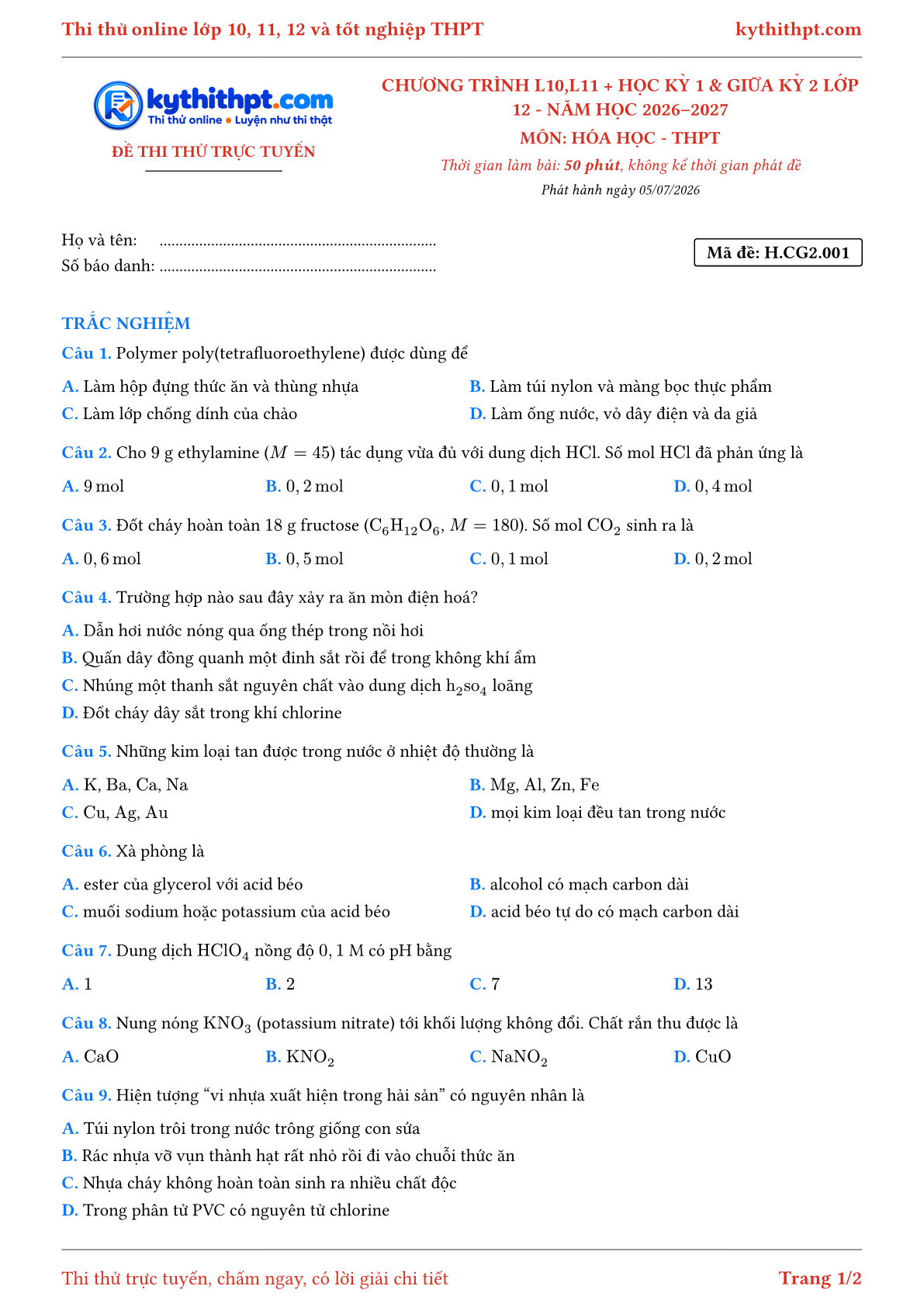 Trang đầu Đề thi thử online môn Hóa học theo chương trình lớp 10, 11 và học kỳ 1, giữa kỳ 2 lớp 12 - chuẩn cấu trúc tốt nghiệp - đề 001