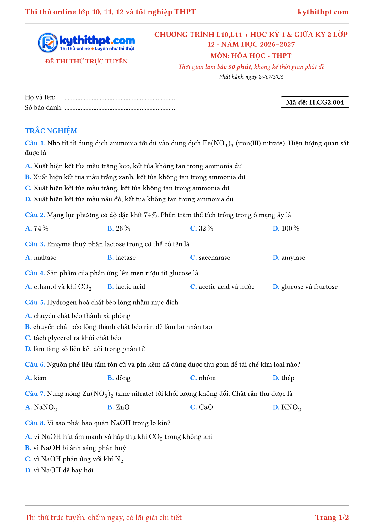 Trang đầu Đề thi thử online môn Hóa học theo chương trình lớp 10, 11 và học kỳ 1, giữa kỳ 2 lớp 12 - chuẩn cấu trúc tốt nghiệp - đề 004
