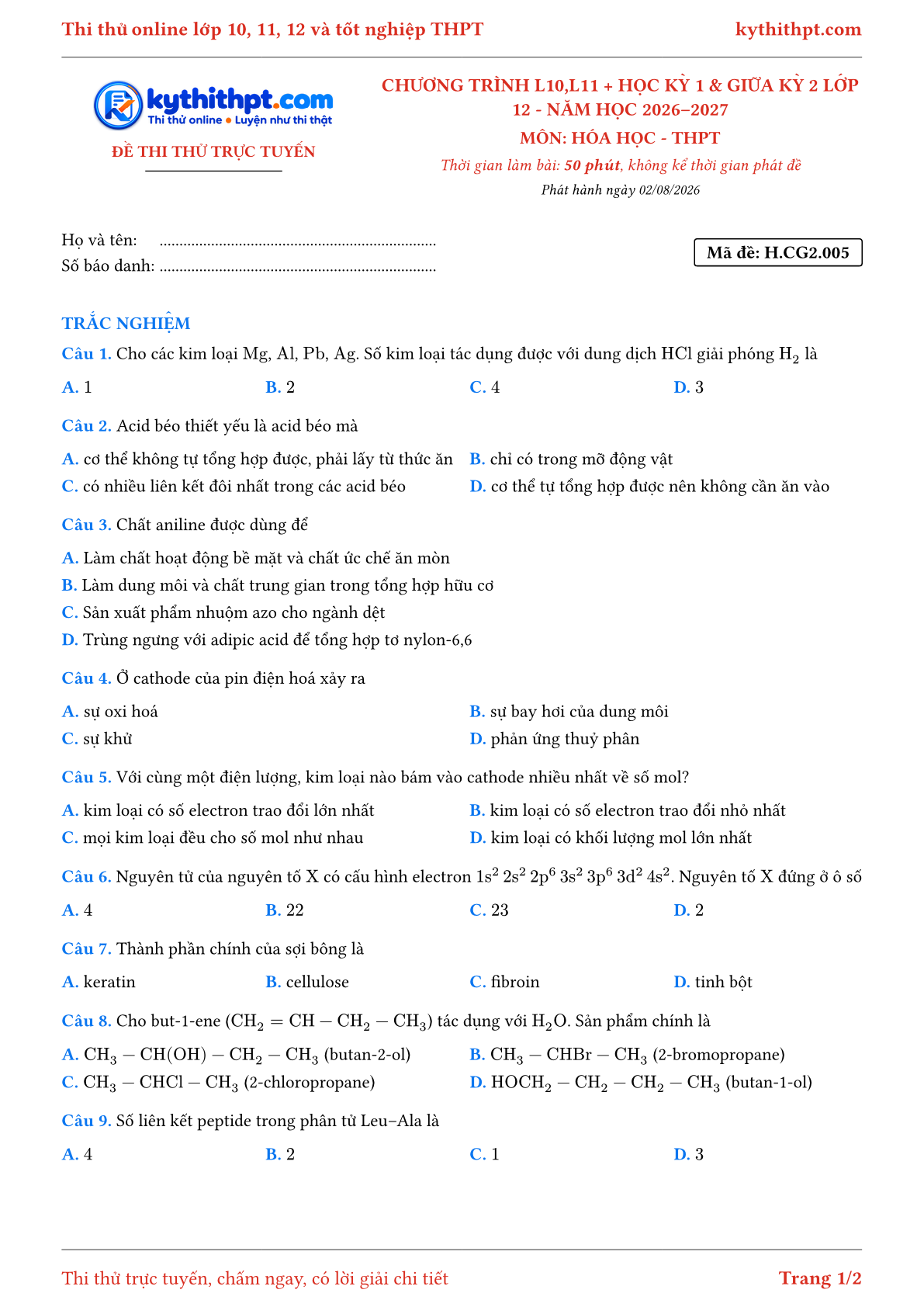 Trang đầu Đề thi thử online môn Hóa học theo chương trình lớp 10, 11 và học kỳ 1, giữa kỳ 2 lớp 12 - chuẩn cấu trúc tốt nghiệp - đề 005