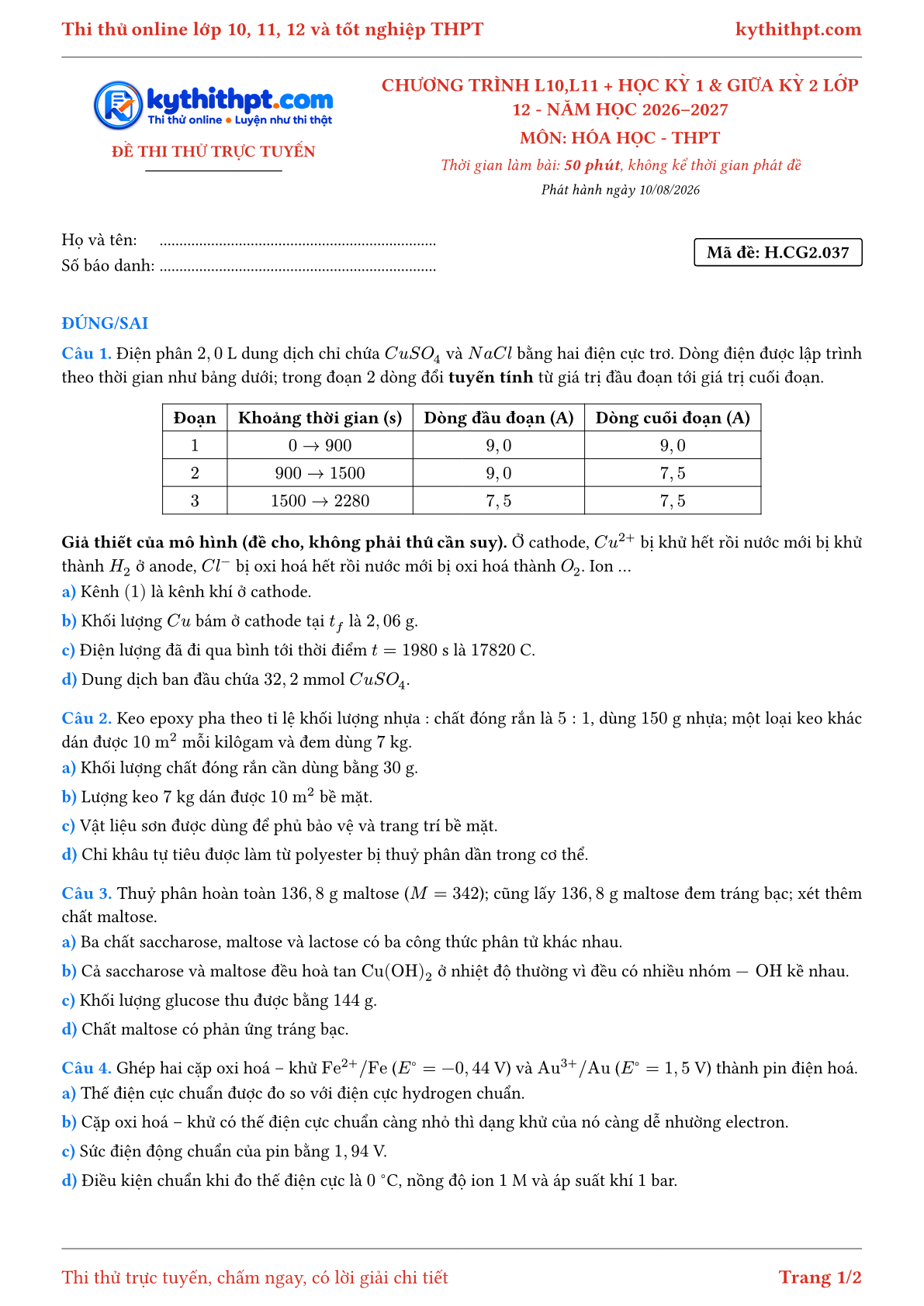 Trang đầu Đề thi thử online môn Hóa học theo chương trình lớp 10, 11 và học kỳ 1, giữa kỳ 2 lớp 12 - ôn luyện đúng/sai - đề 037