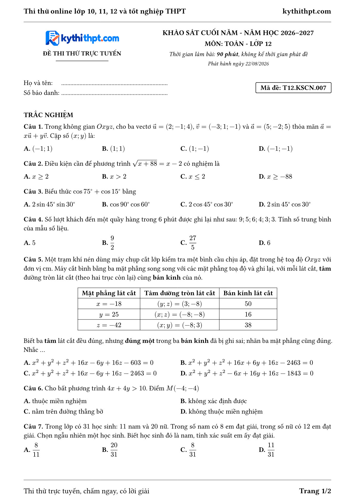 Trang đầu Đề thi thử online khảo sát cuối năm môn Toán lớp 12 - full trắc nghiệm - đề 007
