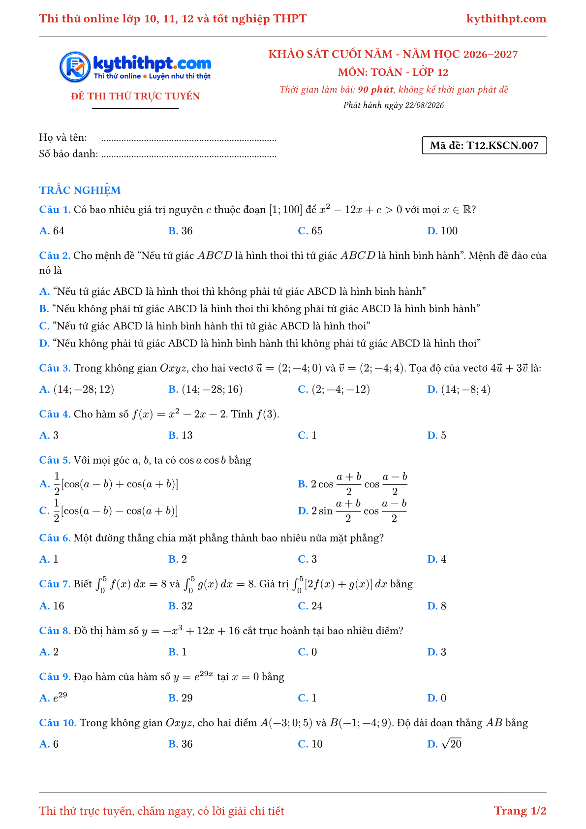 Trang đầu Đề thi thử online khảo sát cuối năm môn Toán lớp 12 - full trắc nghiệm - đề 007