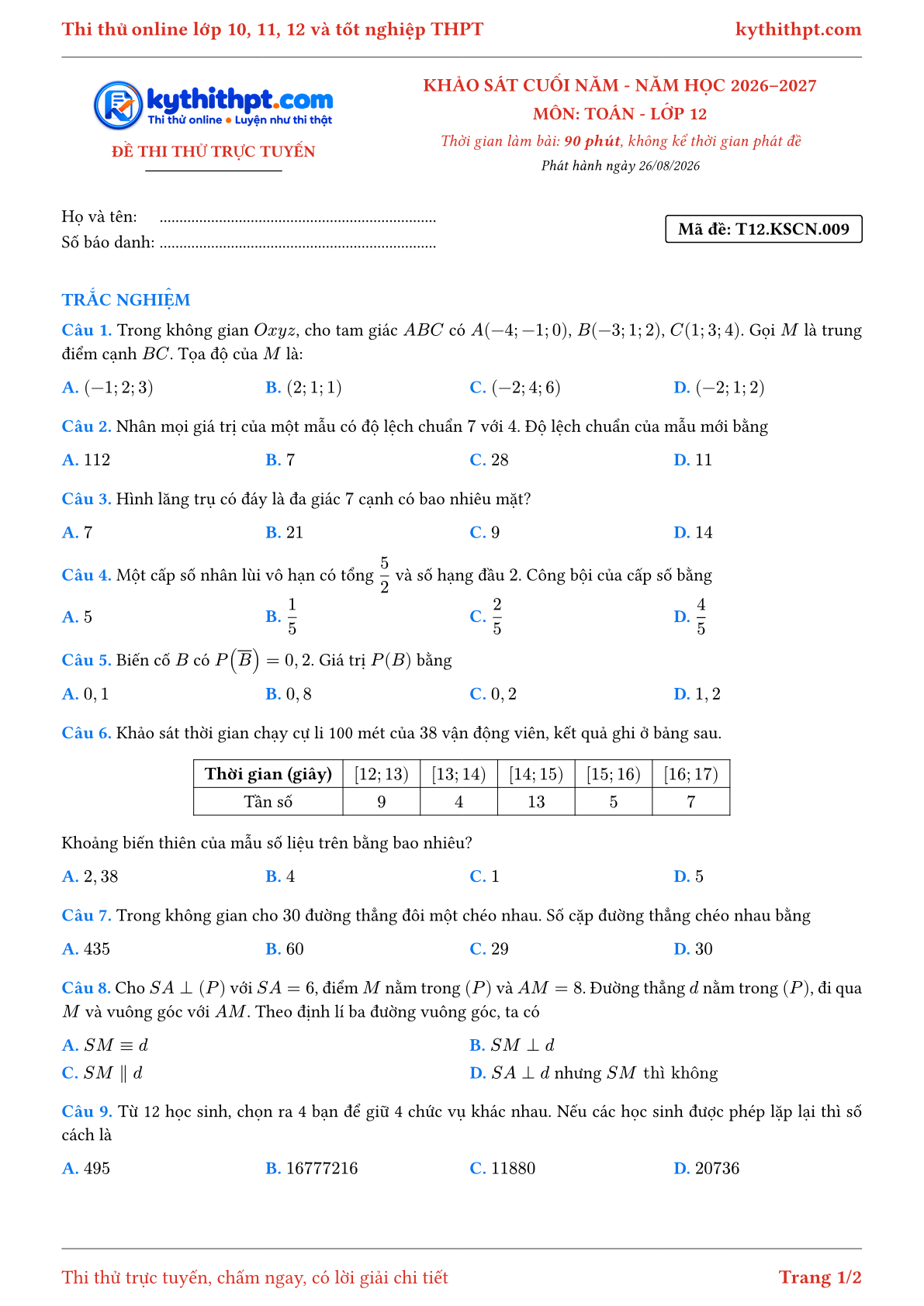 Trang đầu Đề thi thử online khảo sát cuối năm môn Toán lớp 12 - full trắc nghiệm - đề 009