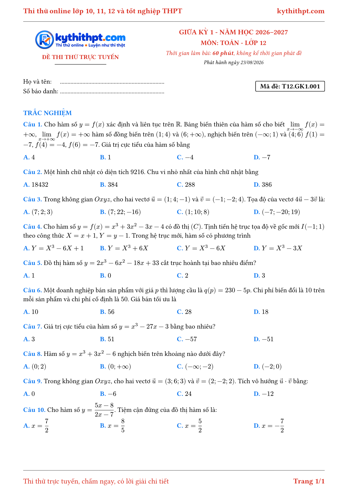 Trang đầu Đề thi thử online giữa kỳ 1 môn Toán lớp 12 - full trắc nghiệm - đề 001