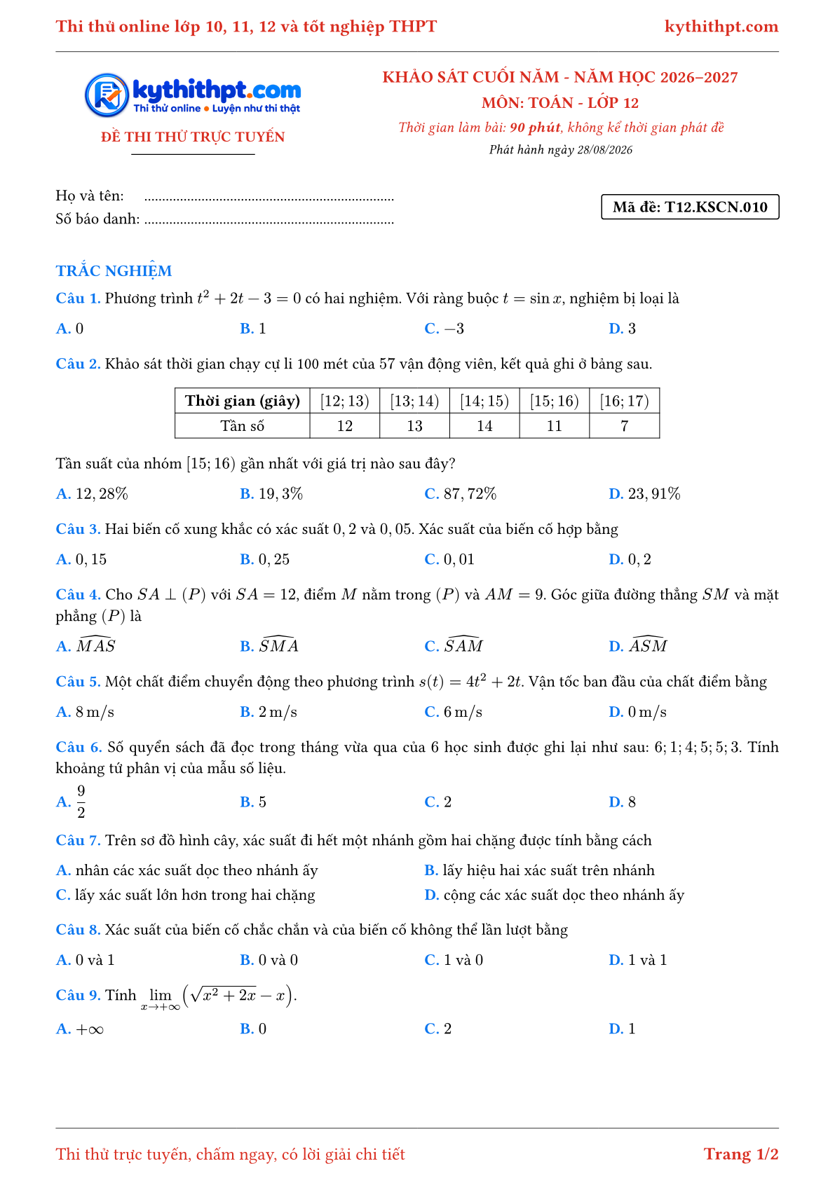Trang đầu Đề thi thử online khảo sát cuối năm môn Toán lớp 12 - full trắc nghiệm - đề 010