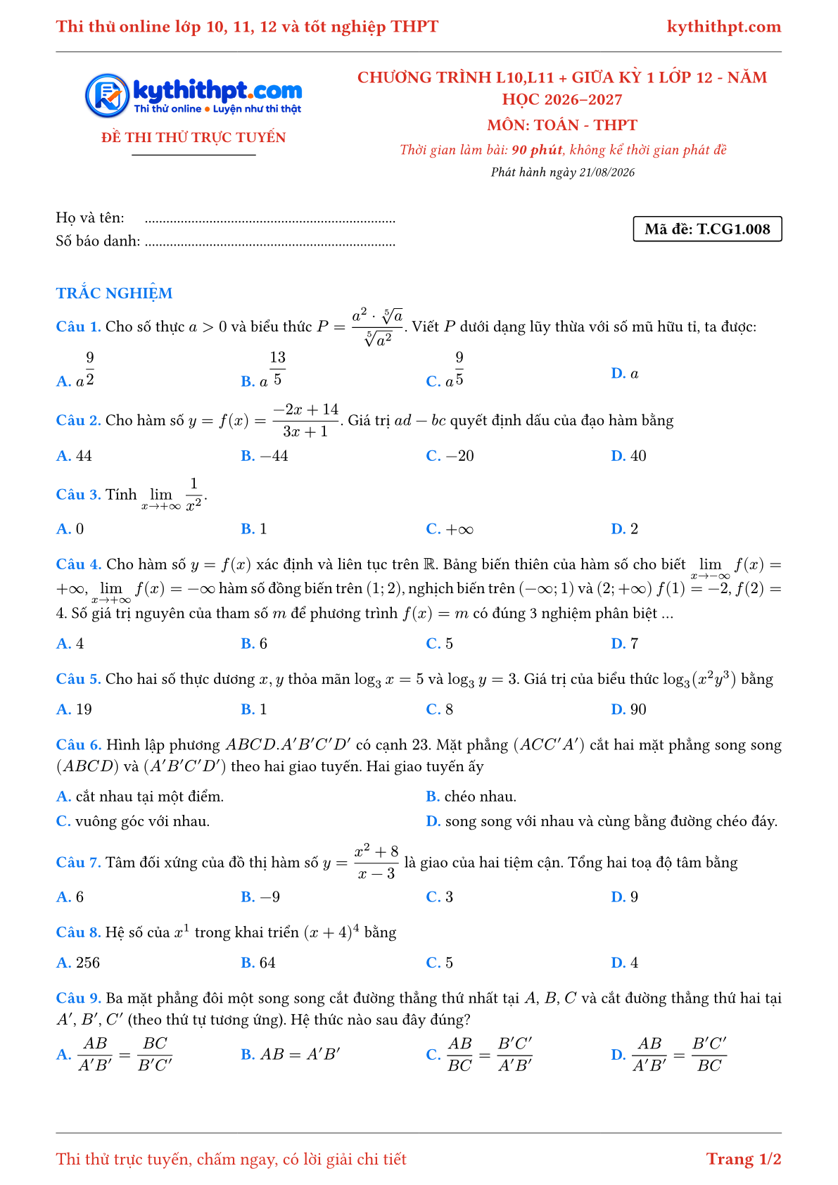 Trang đầu Đề thi thử online môn Toán theo chương trình lớp 10, 11 và giữa kỳ 1 lớp 12 - chuẩn cấu trúc tốt nghiệp - đề 008