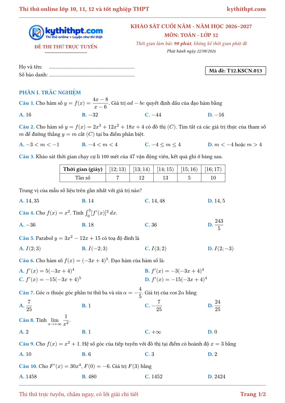 Trang đầu Đề thi thử online khảo sát cuối năm môn Toán lớp 12 - trắc nghiệm + trả lời ngắn - đề 013