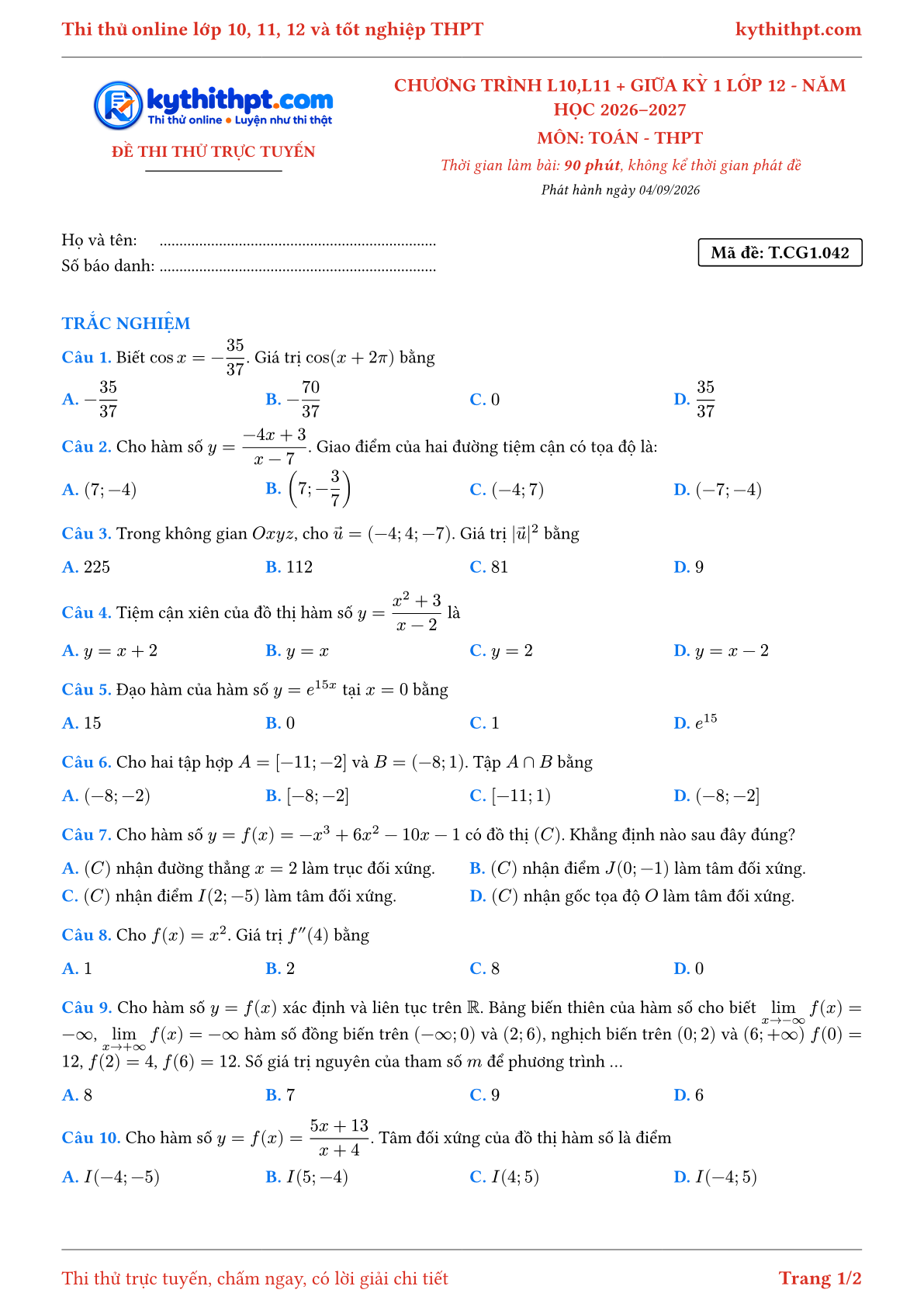Trang đầu Đề thi thử online môn Toán theo chương trình lớp 10, 11 và giữa kỳ 1 lớp 12 - ôn luyện trắc nghiệm - đề 042