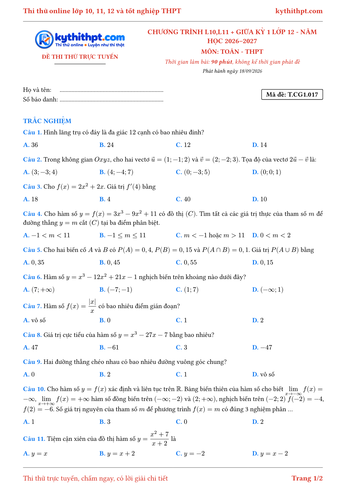Trang đầu Đề thi thử online môn Toán theo chương trình lớp 10, 11 và giữa kỳ 1 lớp 12 - chuẩn cấu trúc tốt nghiệp - đề 017