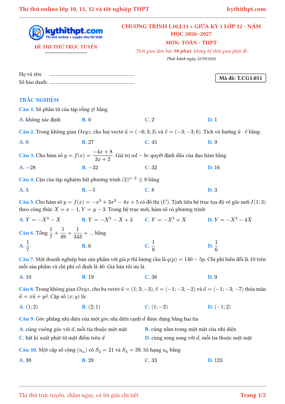 Trang đầu Đề thi thử online môn Toán theo chương trình lớp 10, 11 và giữa kỳ 1 lớp 12 - ôn luyện trắc nghiệm - đề 051