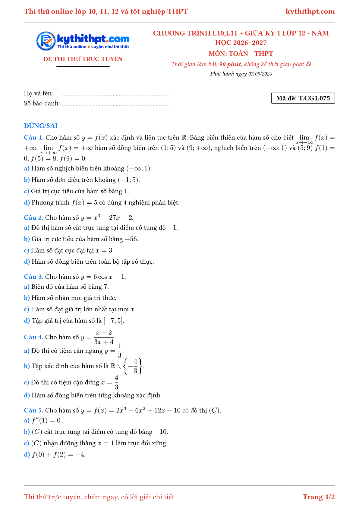 Trang đầu Đề thi thử online môn Toán theo chương trình lớp 10, 11 và giữa kỳ 1 lớp 12 - ôn luyện đúng/sai - đề 075