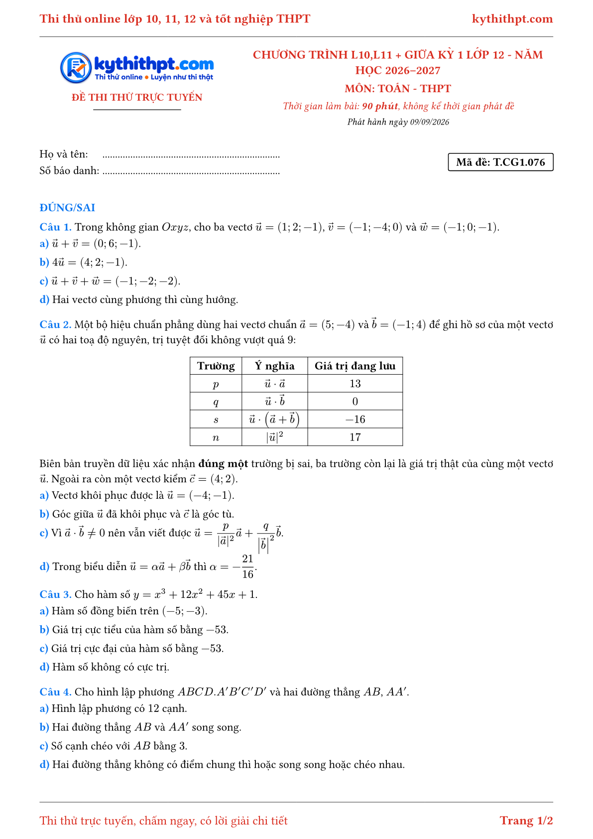 Trang đầu Đề thi thử online môn Toán theo chương trình lớp 10, 11 và giữa kỳ 1 lớp 12 - ôn luyện đúng/sai - đề 076
