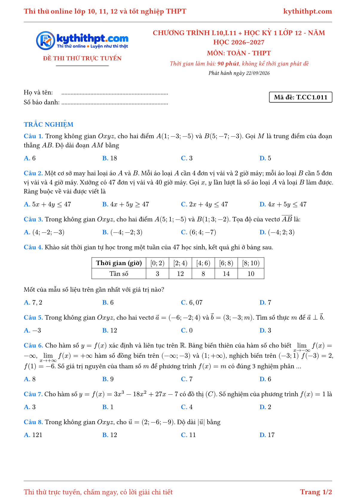 Trang đầu Đề thi thử online môn Toán theo chương trình lớp 10, 11 và học kỳ 1 lớp 12 - chuẩn cấu trúc tốt nghiệp - đề 011