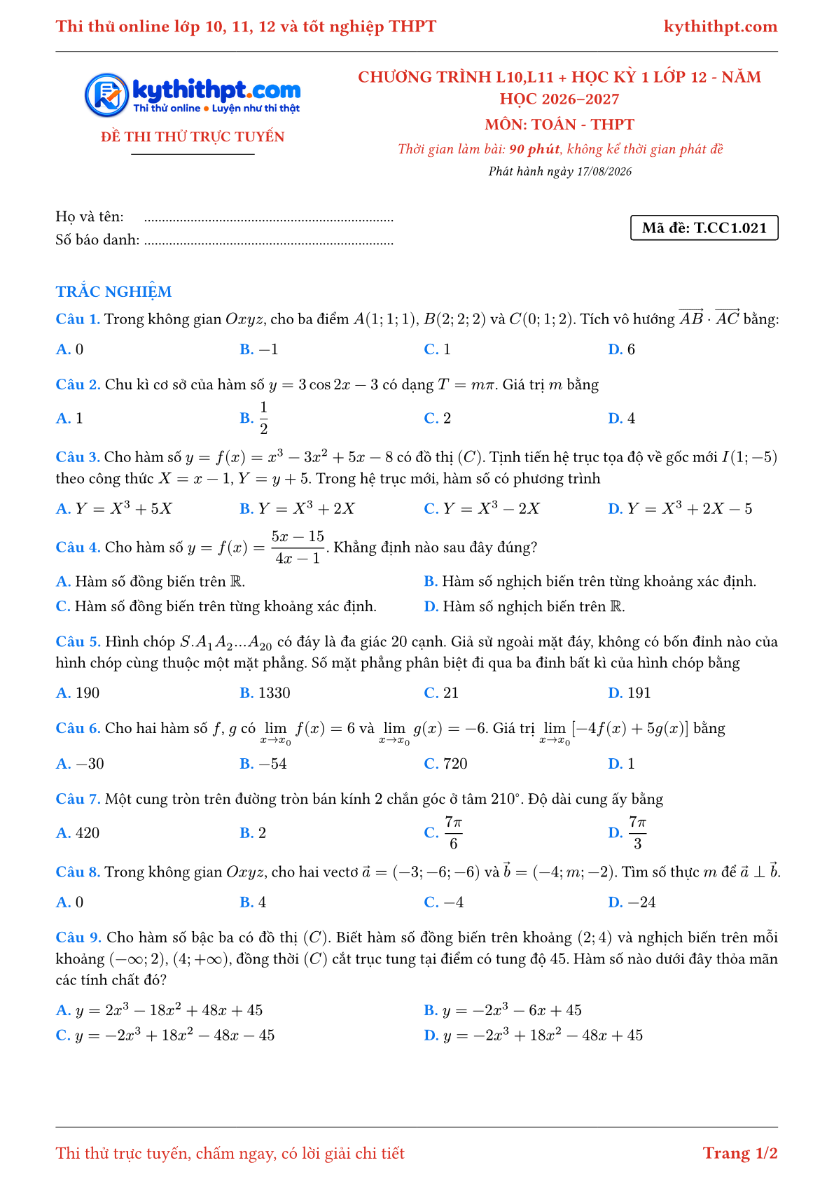 Trang đầu Đề thi thử online môn Toán theo chương trình lớp 10, 11 và học kỳ 1 lớp 12 - ôn luyện trắc nghiệm - đề 021