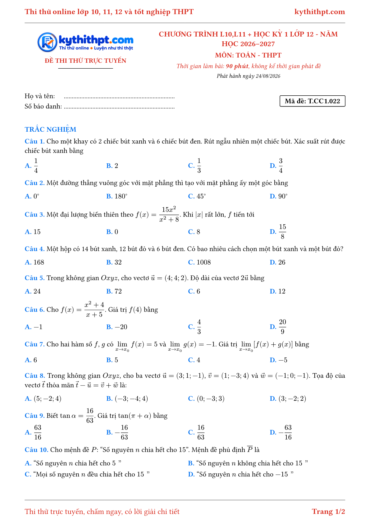 Trang đầu Đề thi thử online môn Toán theo chương trình lớp 10, 11 và học kỳ 1 lớp 12 - ôn luyện trắc nghiệm - đề 022