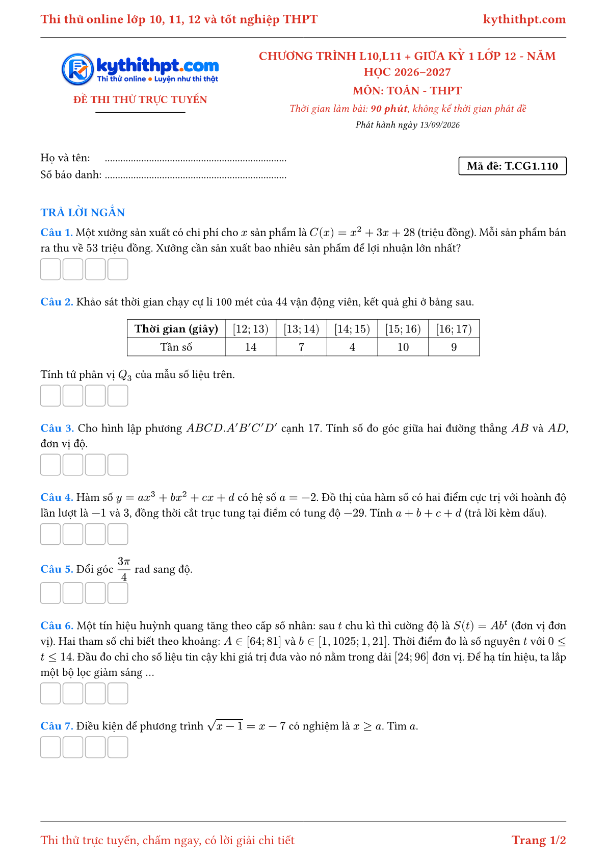 Trang đầu Đề thi thử online môn Toán theo chương trình lớp 10, 11 và giữa kỳ 1 lớp 12 - ôn luyện trả lời ngắn - đề 110