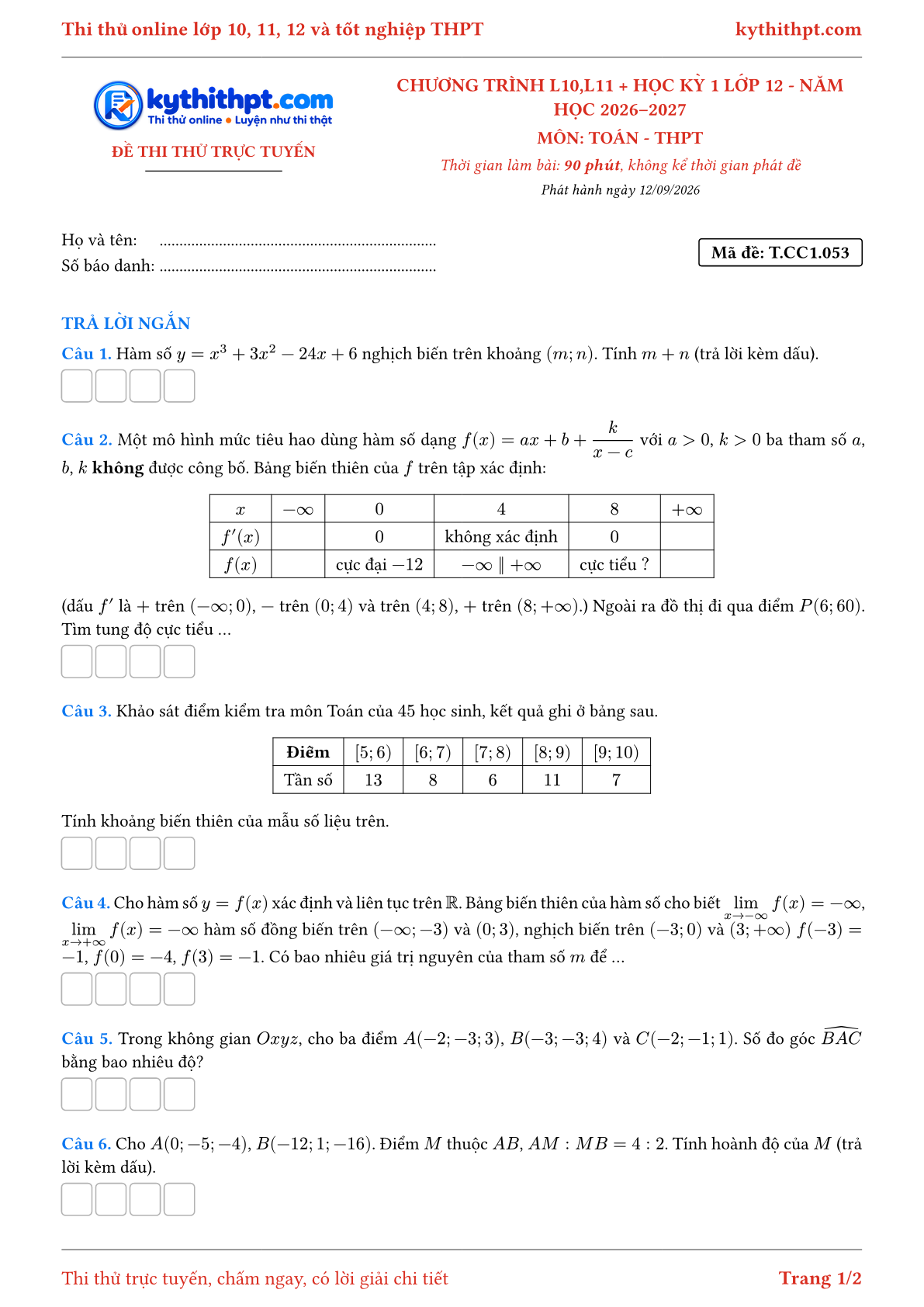 Trang đầu Đề thi thử online môn Toán theo chương trình lớp 10, 11 và học kỳ 1 lớp 12 - ôn luyện trả lời ngắn - đề 053