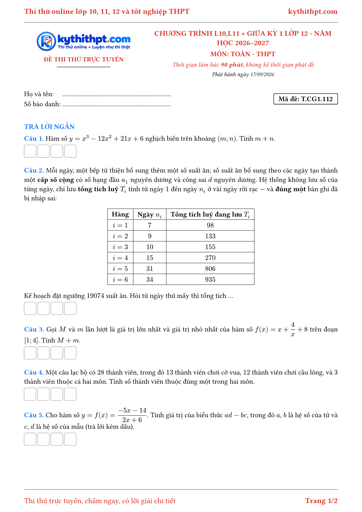 Trang đầu Đề thi thử online môn Toán theo chương trình lớp 10, 11 và giữa kỳ 1 lớp 12 - ôn luyện trả lời ngắn - đề 112