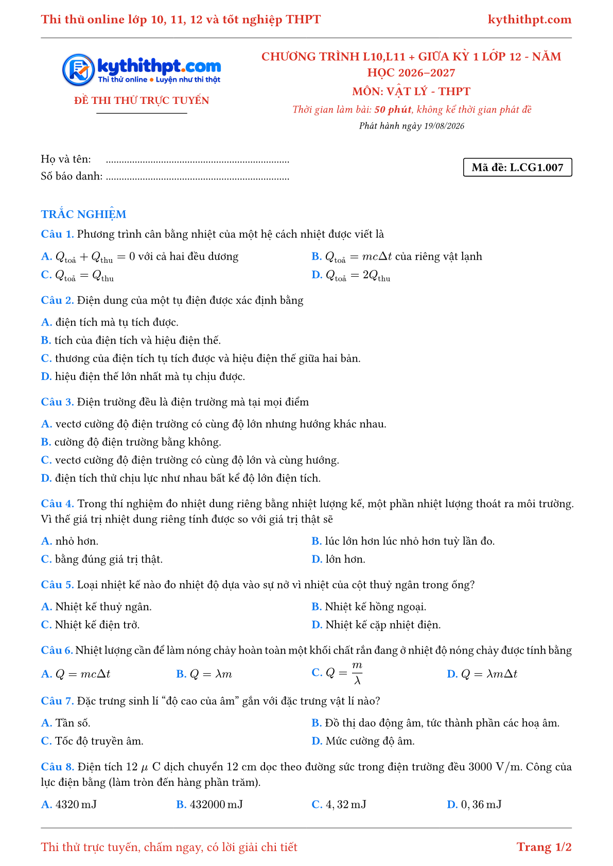 Trang đầu Đề thi thử online môn Vật lý theo chương trình lớp 10, 11 và giữa kỳ 1 lớp 12 - chuẩn cấu trúc tốt nghiệp - đề 007