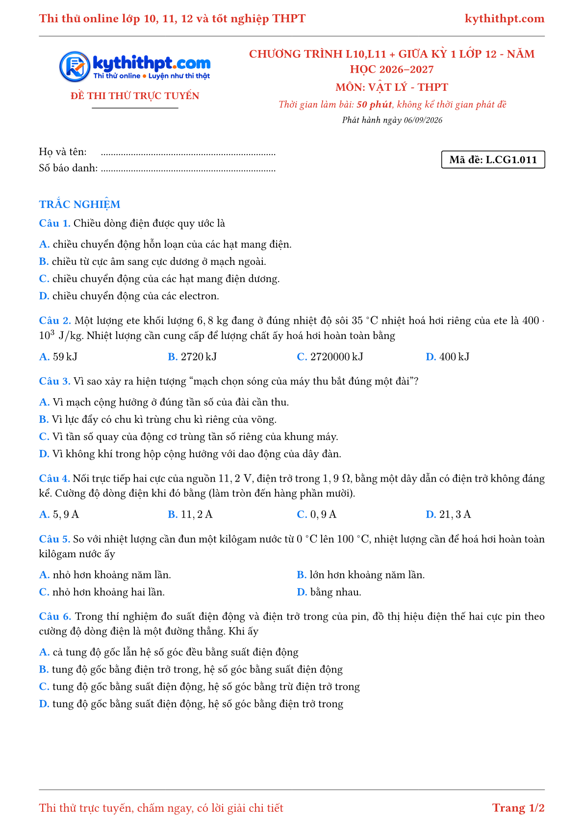 Trang đầu Đề thi thử online môn Vật lý theo chương trình lớp 10, 11 và giữa kỳ 1 lớp 12 - chuẩn cấu trúc tốt nghiệp - đề 011