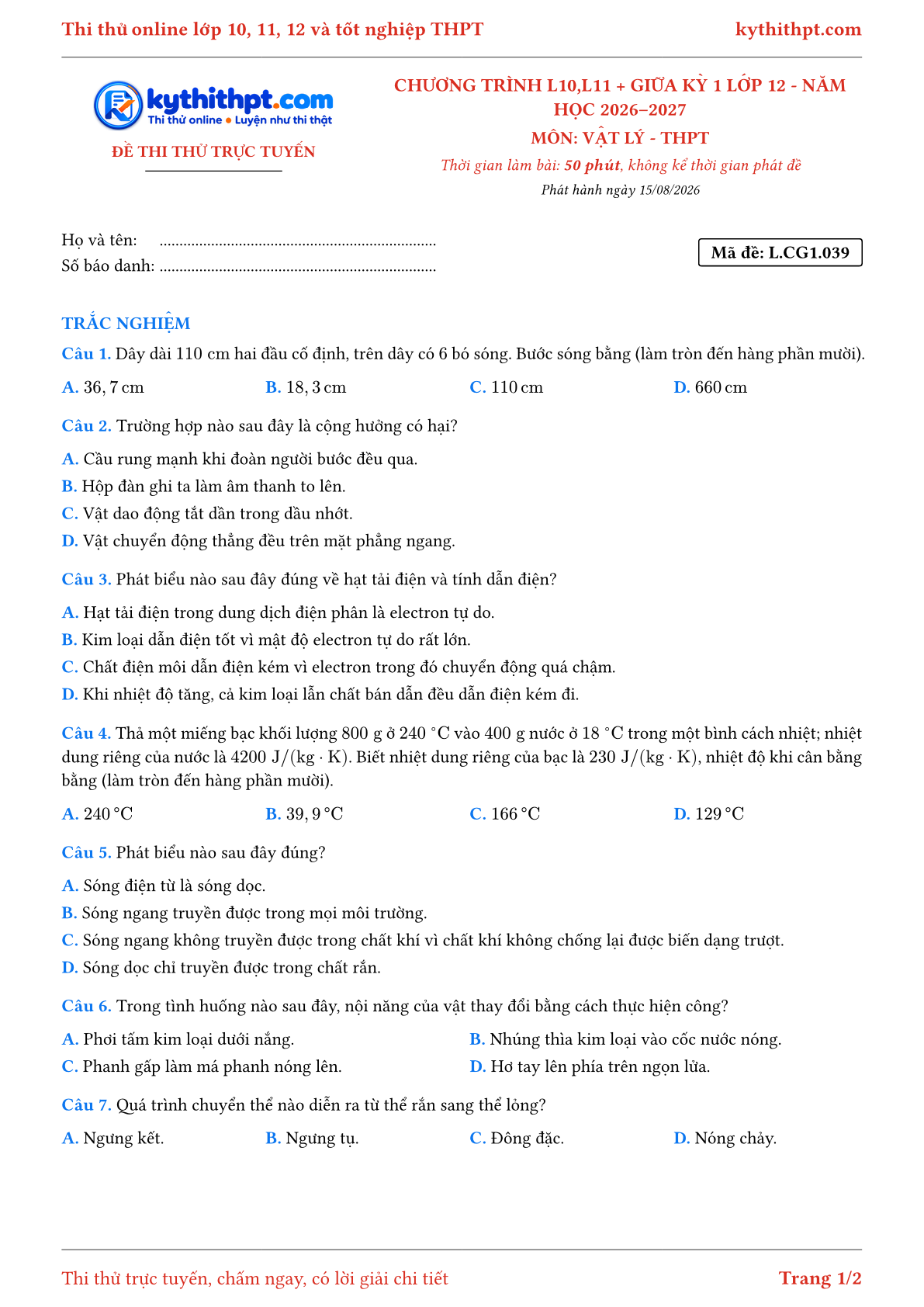 Trang đầu Đề thi thử online môn Vật lý theo chương trình lớp 10, 11 và giữa kỳ 1 lớp 12 - ôn luyện trắc nghiệm - đề 039