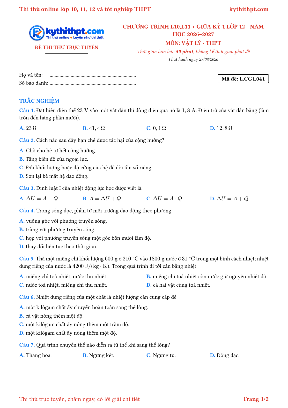 Trang đầu Đề thi thử online môn Vật lý theo chương trình lớp 10, 11 và giữa kỳ 1 lớp 12 - ôn luyện trắc nghiệm - đề 041