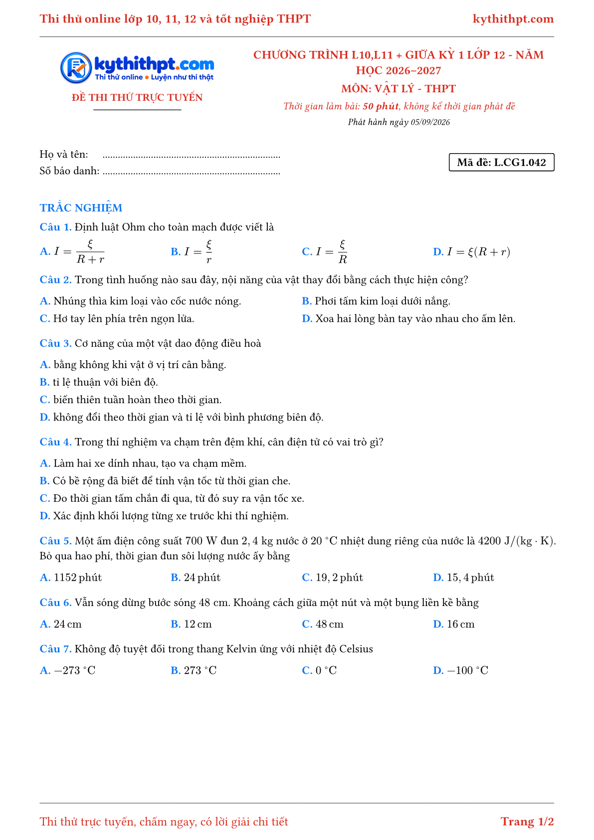 Trang đầu Đề thi thử online môn Vật lý theo chương trình lớp 10, 11 và giữa kỳ 1 lớp 12 - ôn luyện trắc nghiệm - đề 042