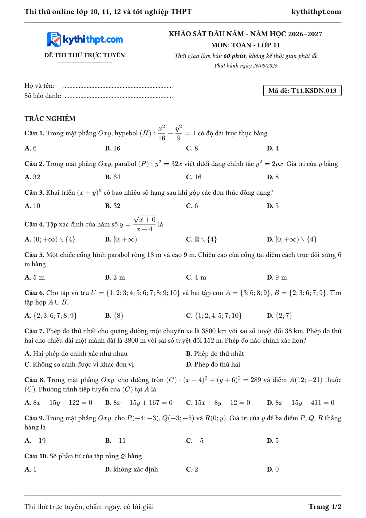 Trang đầu Đề thi thử online khảo sát đầu năm môn Toán lớp 11 - trắc nghiệm + đúng/sai + trả lời ngắn - đề 013